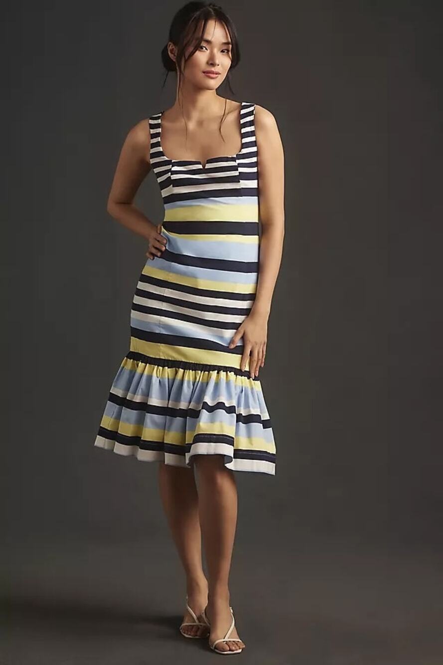 Maeve Sleeveless Square-Neck Flutter-Hem Midi Dress L